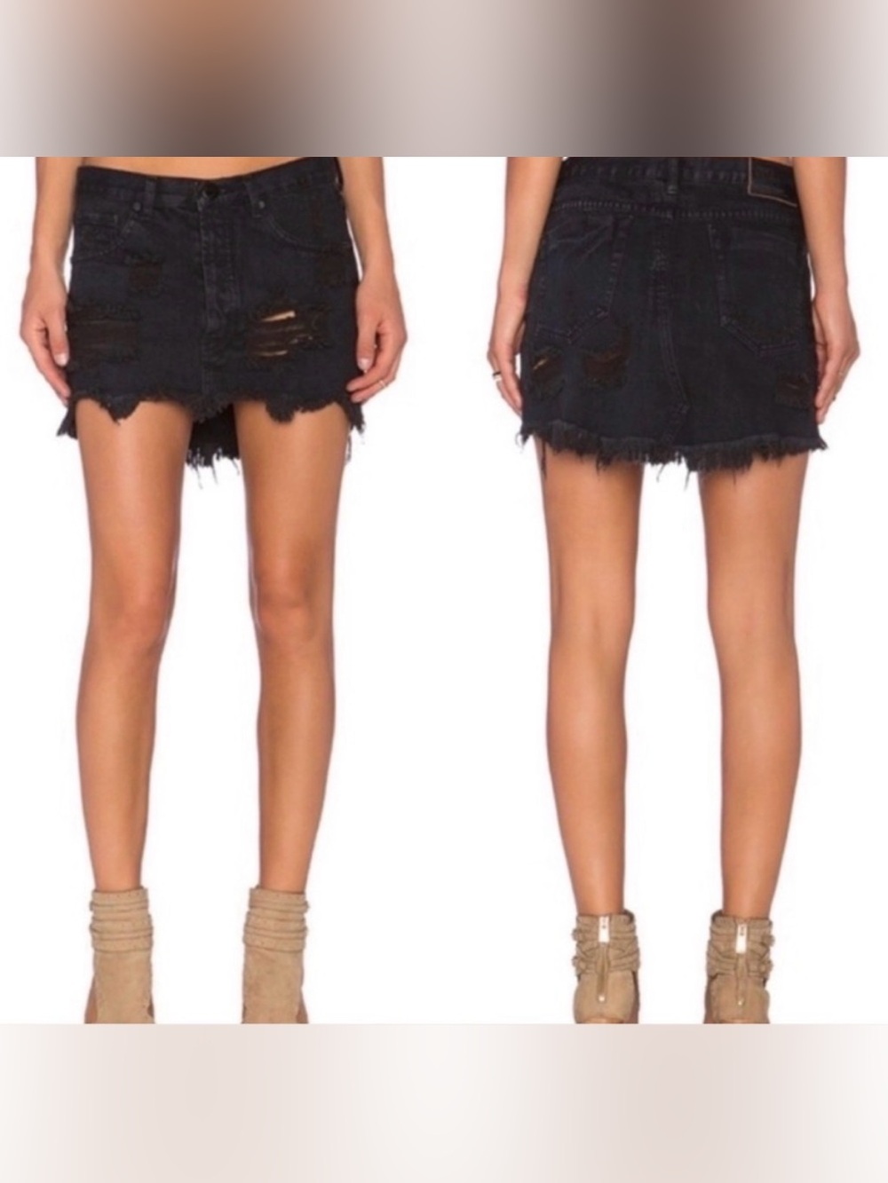 ONE TEASPOON junkyard distressed denim mini skirt black size 24 festival boho